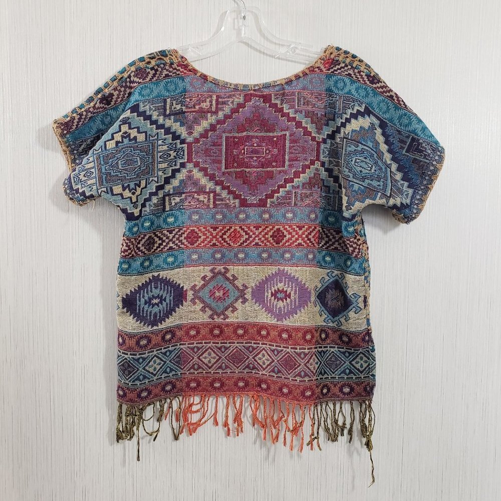 Southwestern print short sleeve shirt with tassel trim & large‎ stitchin